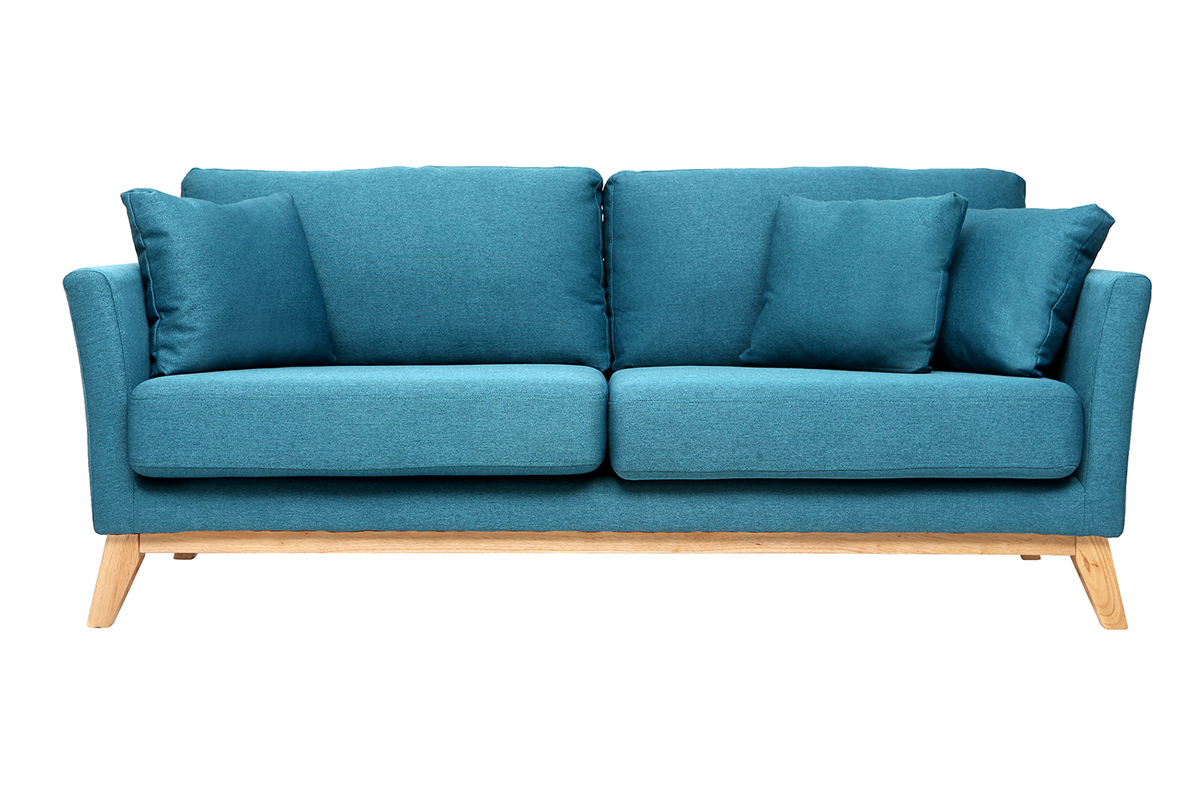 Canap� scandinave d�houssable 3 places en tissu bleu canard et bois clair OSLO