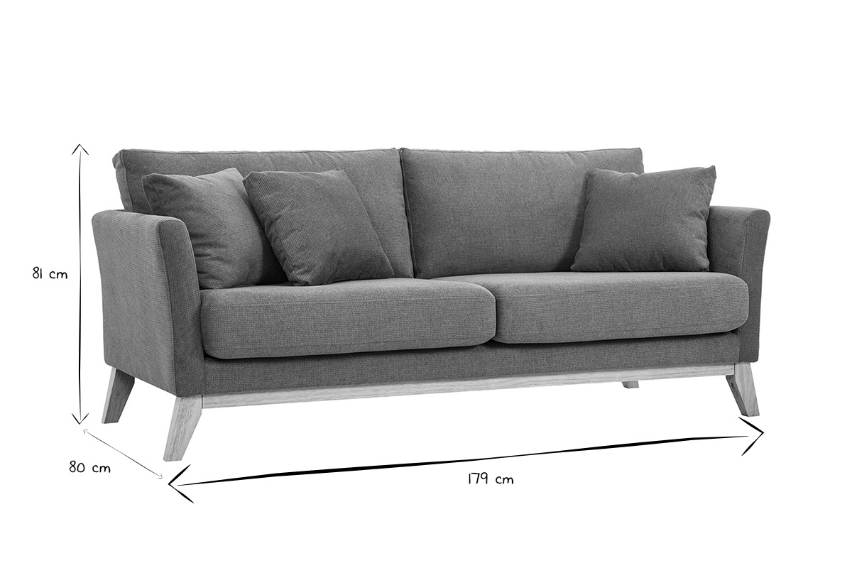 Canap� 3 places vue de face, dimensions 179x80x81 cm, en noir et blanc.