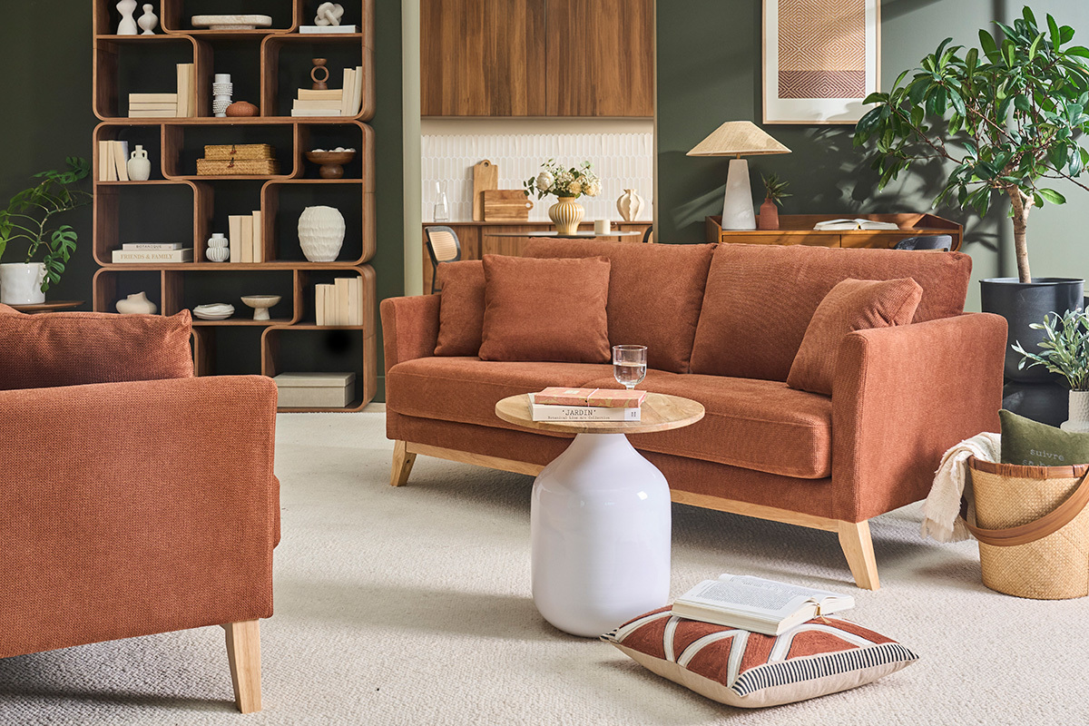 Canap� scandinave d�houssable 3 places en tissu chenille terre br�l�e et bois clair OSLO