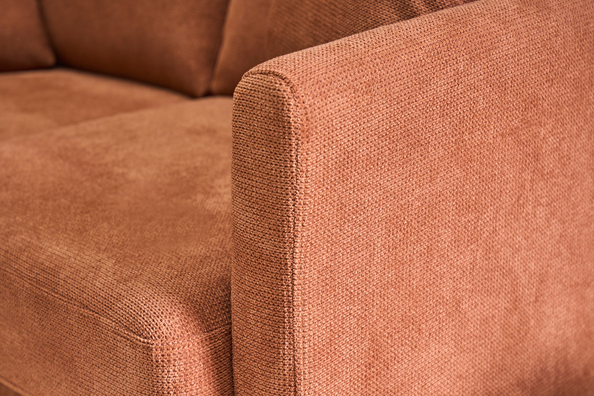Canap� scandinave d�houssable 3 places en tissu chenille terre br�l�e et bois clair OSLO