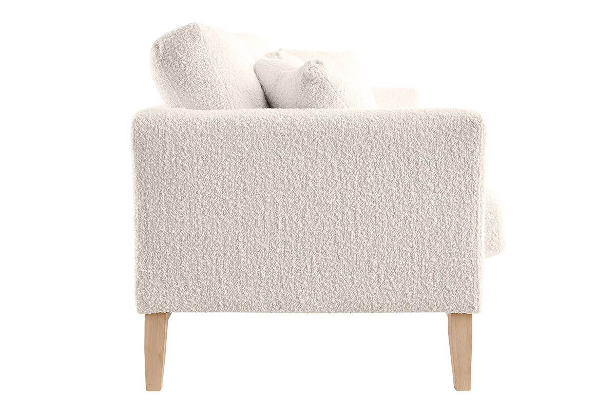 Canap� scandinave d�houssable 3 places en tissu effet laine boucl�e blanc cass� et bois clair OSLO