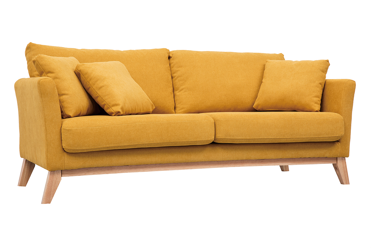 Canap� scandinave d�houssable 3 places en tissu effet velours jaune moutarde et bois clair OSLO