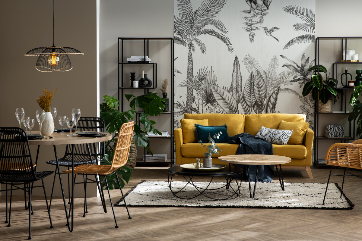 Canap� scandinave d�houssable 3 places en tissu effet velours jaune moutarde et bois clair OSLO