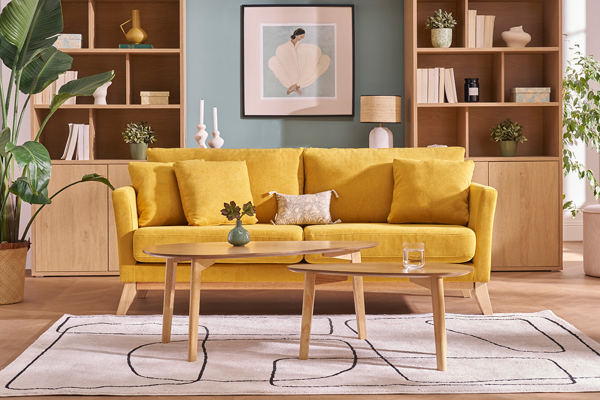 Canap� scandinave d�houssable 3 places en tissu effet velours jaune moutarde et bois clair OSLO