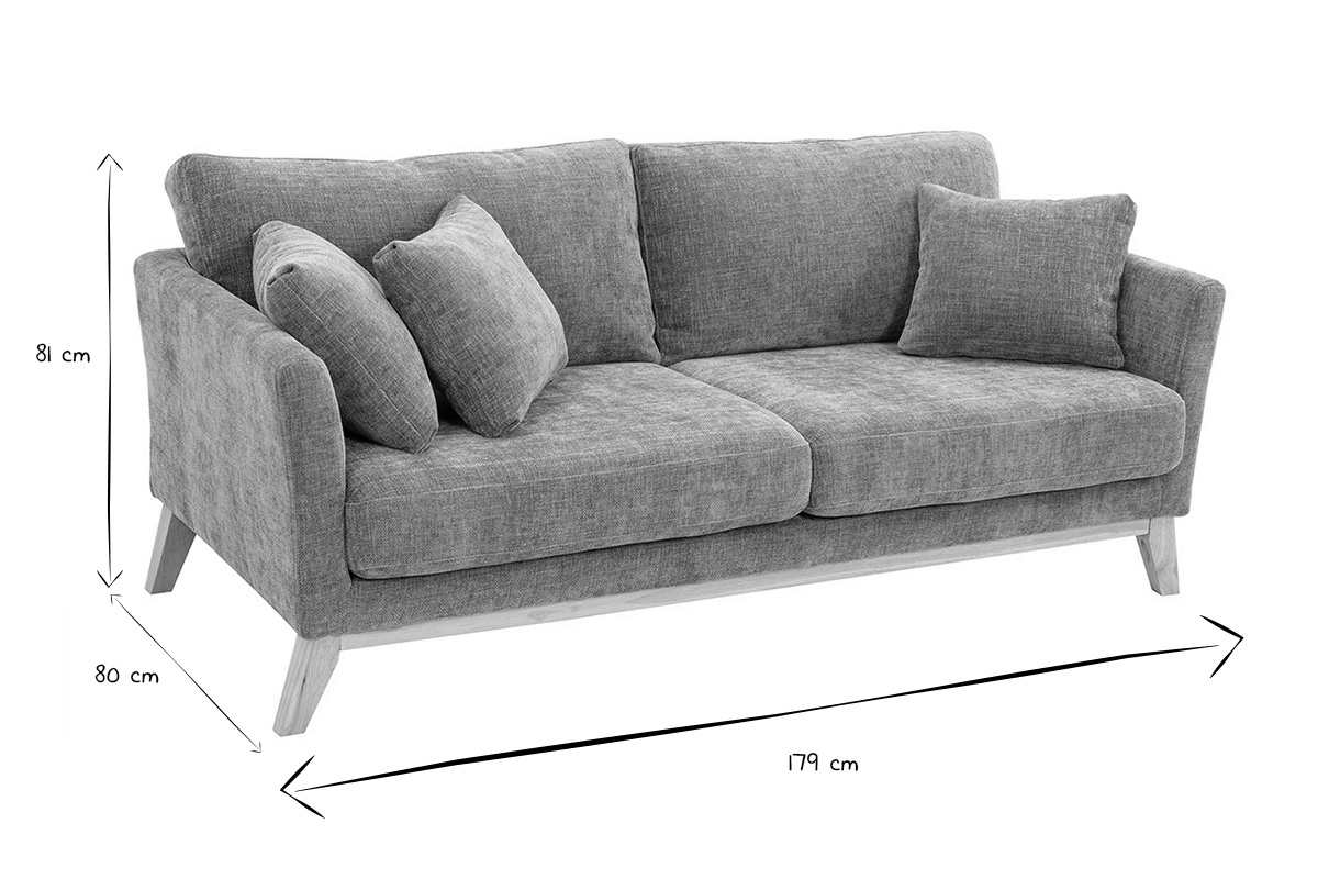 Canap� scandinave d�houssable 3 places en tissu effet velours textur� taupe et bois clair OSLO