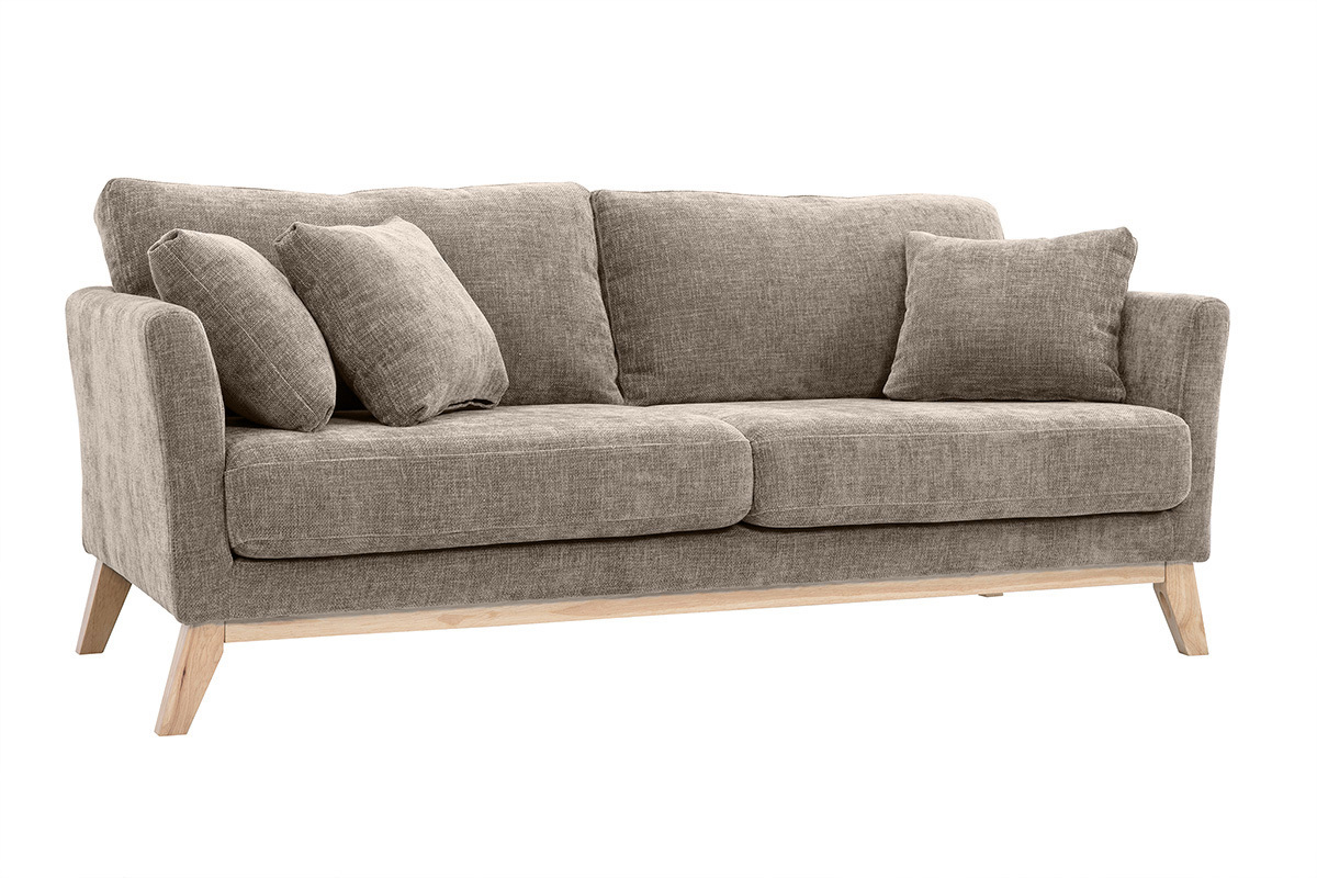 Canap� scandinave d�houssable 3 places en tissu effet velours textur� taupe et bois clair OSLO