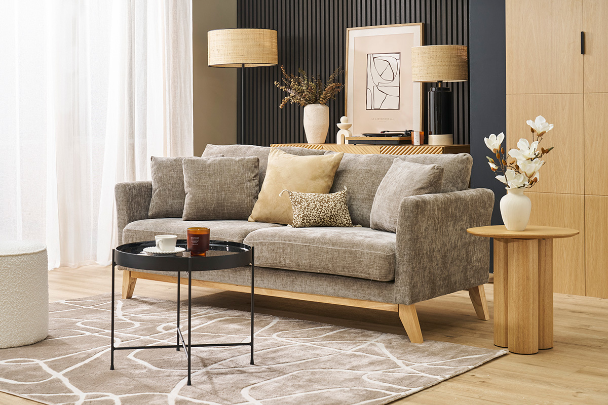 Canap� scandinave d�houssable 3 places en tissu effet velours textur� taupe et bois clair OSLO