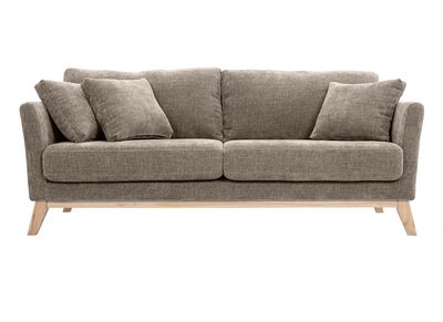 Canap&eacute; scandinave d&eacute;houssable 3 places en tissu effet velours textur&eacute; taupe et bois clair OSLO