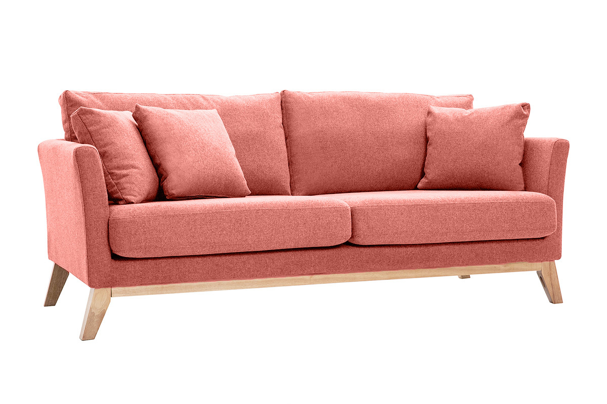 Canap� scandinave d�houssable 3 places en tissu effet velours textur� terracotta et bois clair OSLO