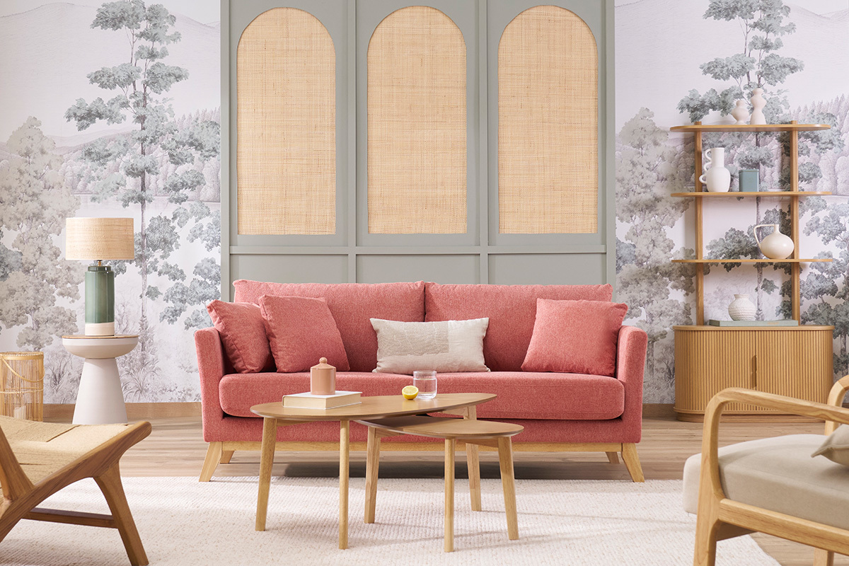 Canap� scandinave d�houssable 3 places en tissu effet velours textur� terracotta et bois clair OSLO