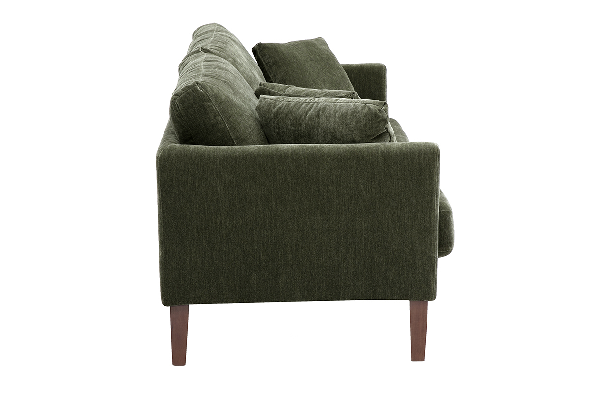 Canap� scandinave 3 places en tissu effet velours vert kaki, vue de profil, avec pieds en bois fonc�.