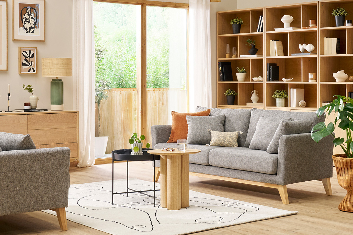Canap� scandinave d�houssable 3 places en tissu gris clair et bois clair OSLO