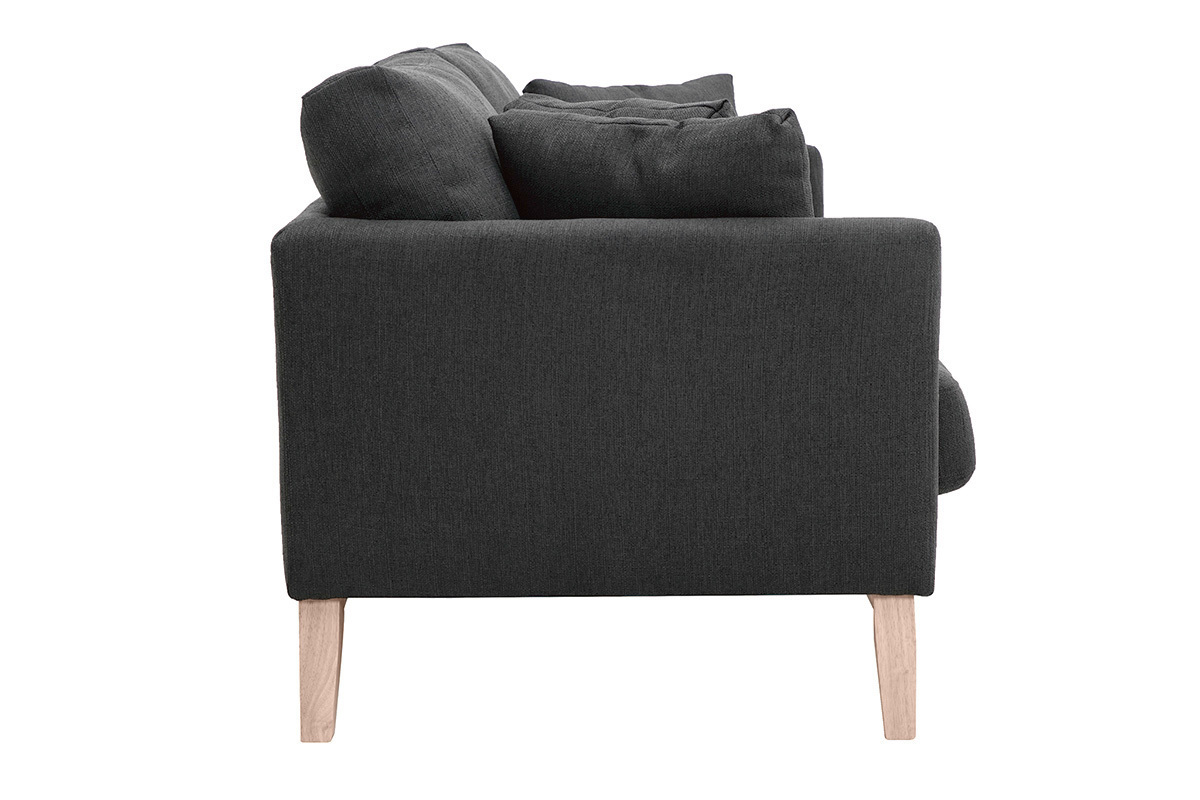 Canap� scandinave gris fonc�, 3 places, vue de c�t�, pieds en bois clair.