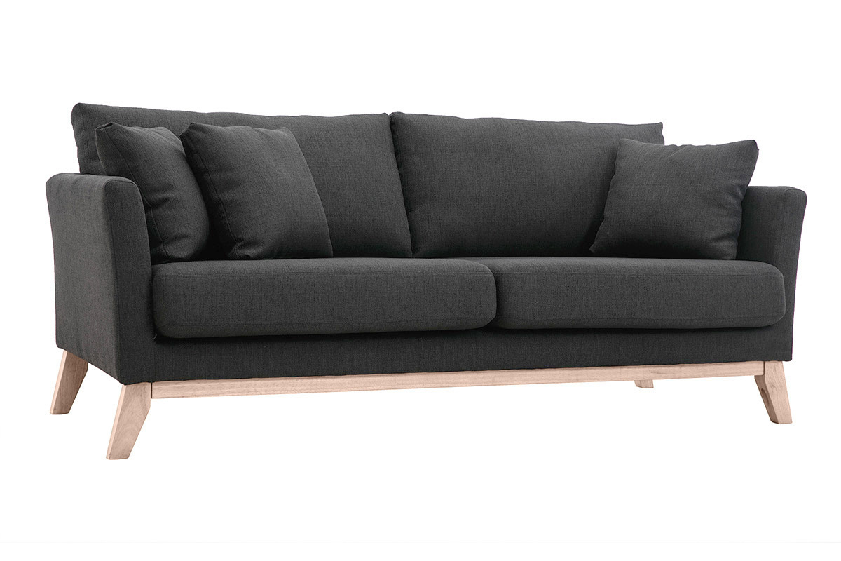 Canap� scandinave 3 places en tissu gris fonc� avec pieds en bois clair, vue de face.