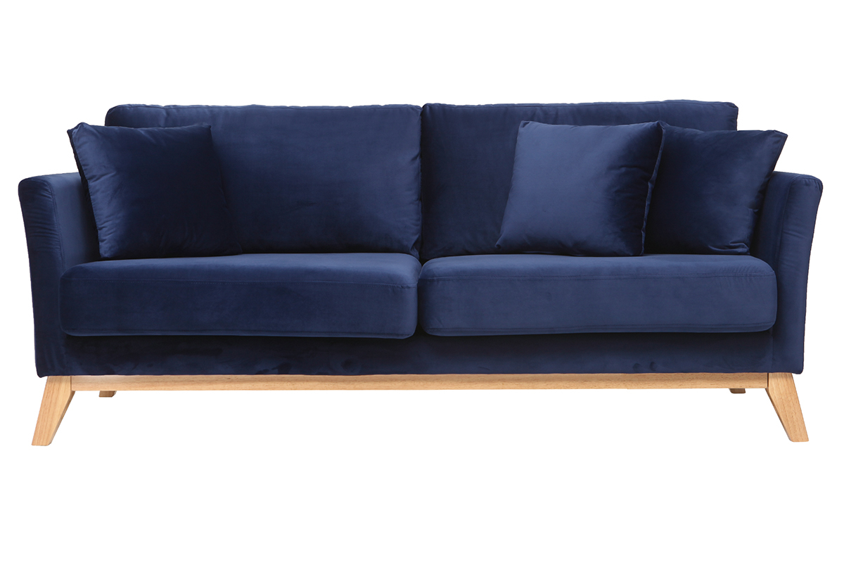 Canap� scandinave d�houssable 3 places en tissu velours bleu nuit et bois clair OSLO