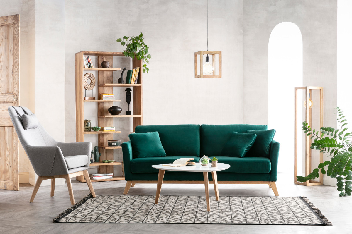 Canap� scandinave d�houssable 3 places en tissu velours bleu nuit et bois clair OSLO