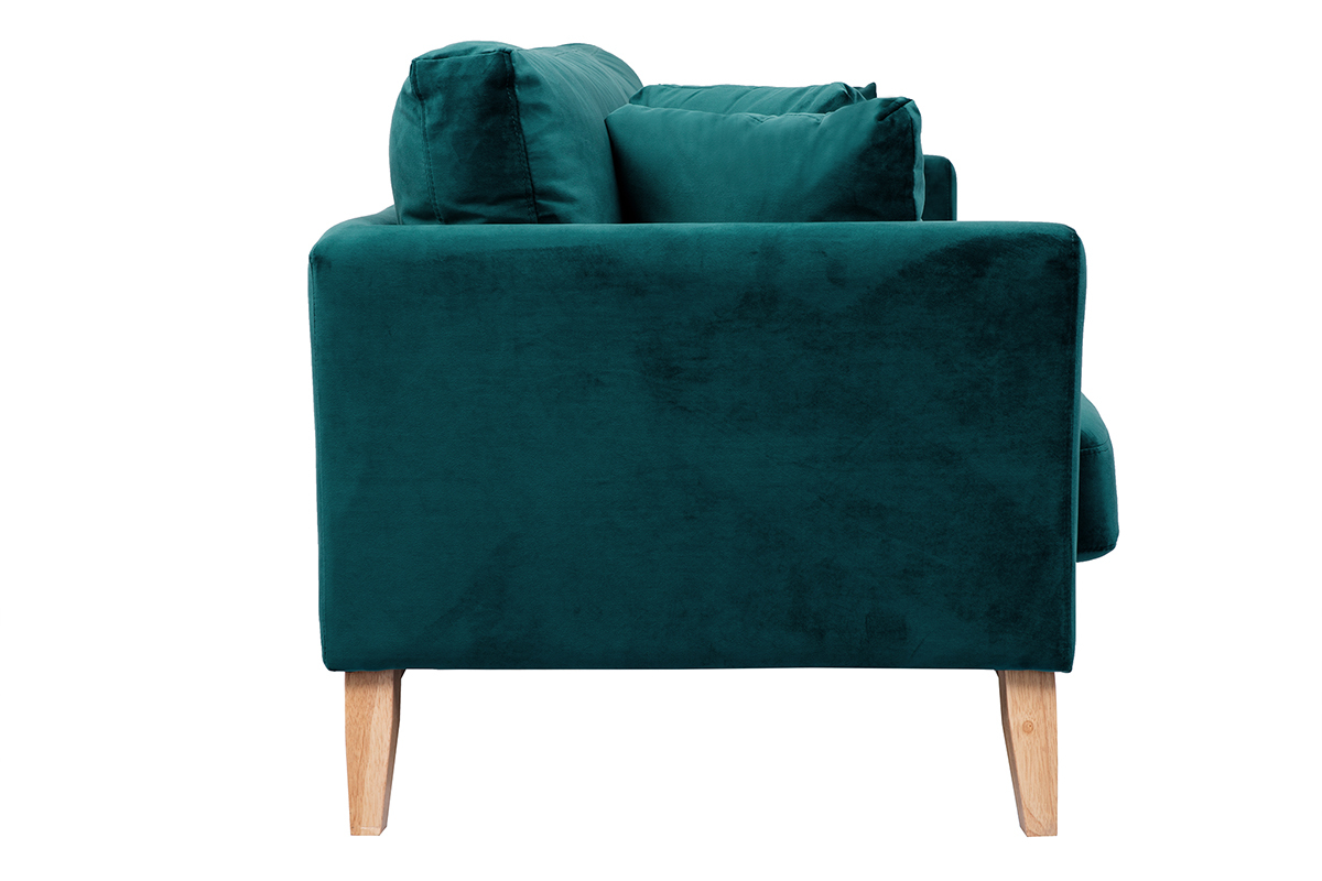 Canap� scandinave bleu p�trole avec pieds bois clair, vue de c�t�.