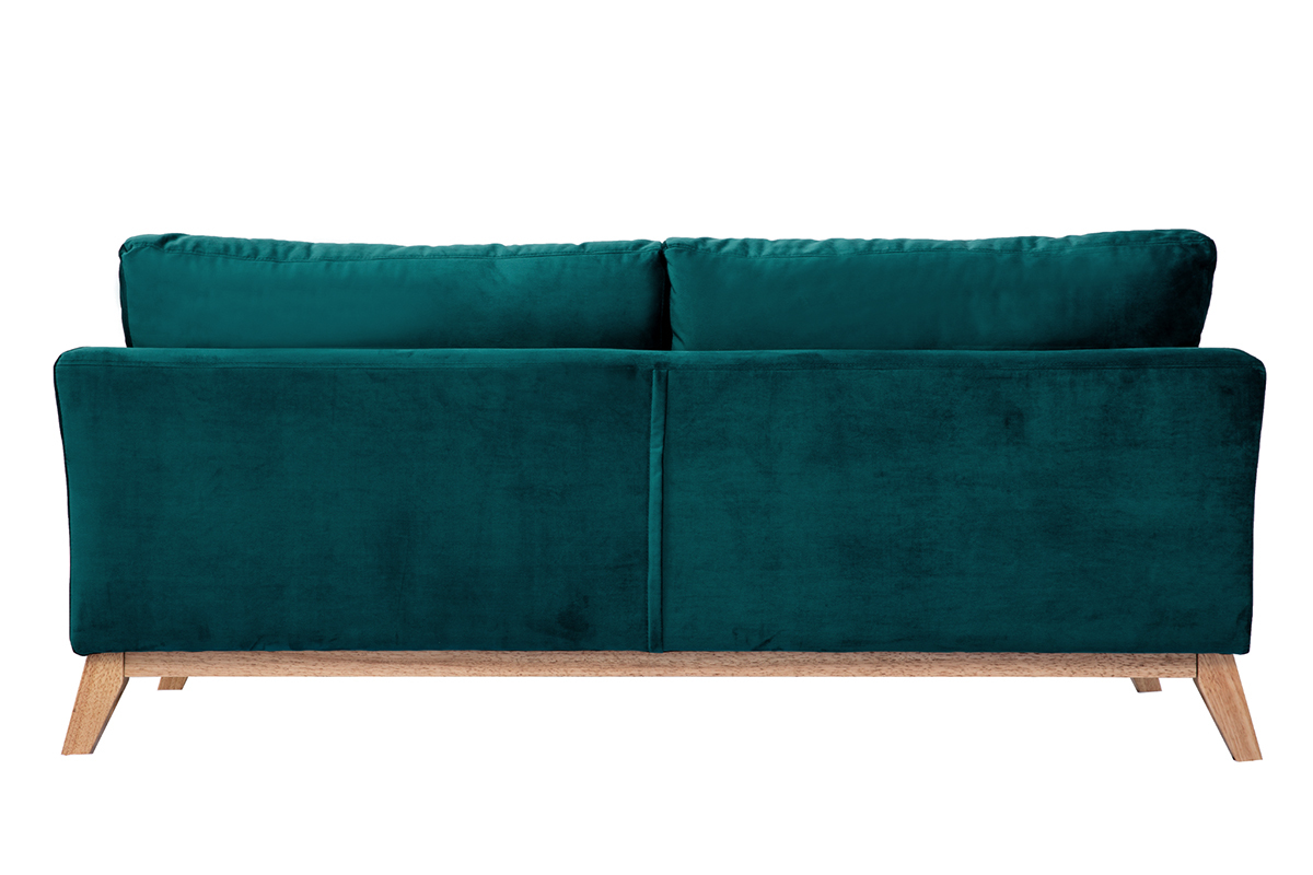 Canap� scandinave bleu p�trole en velours et bois clair, vue arri�re.