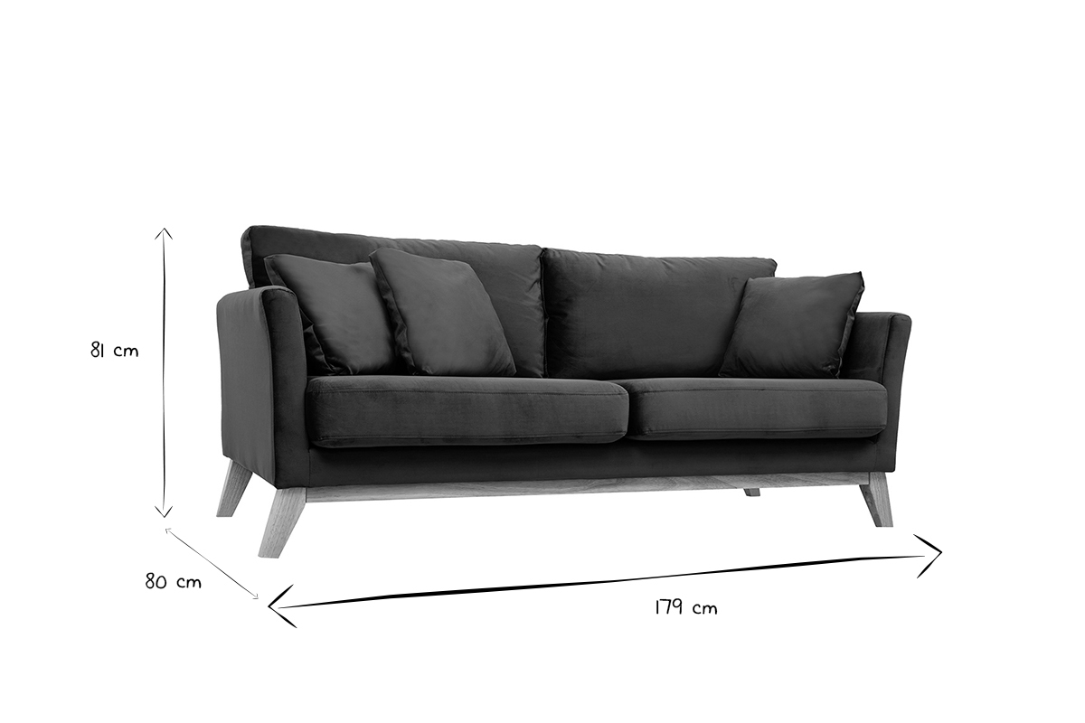 Canap� scandinave noir et blanc, dimensions L179 x P80 x H81 cm affich�es.