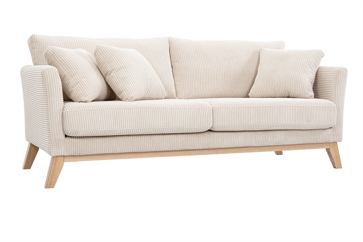 Canap� scandinave d�houssable 3 places en tissu velours c�tel� beige et bois clair OSLO