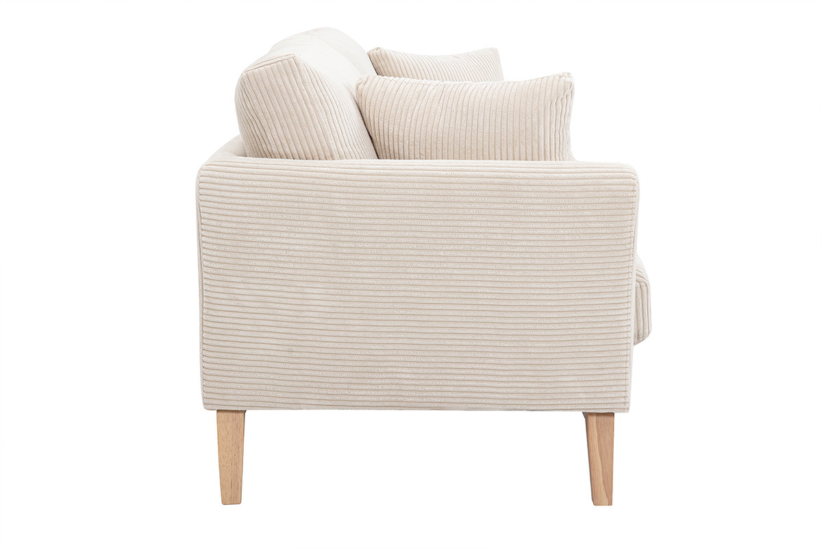 Canap� scandinave d�houssable 3 places en tissu velours c�tel� beige et bois clair OSLO