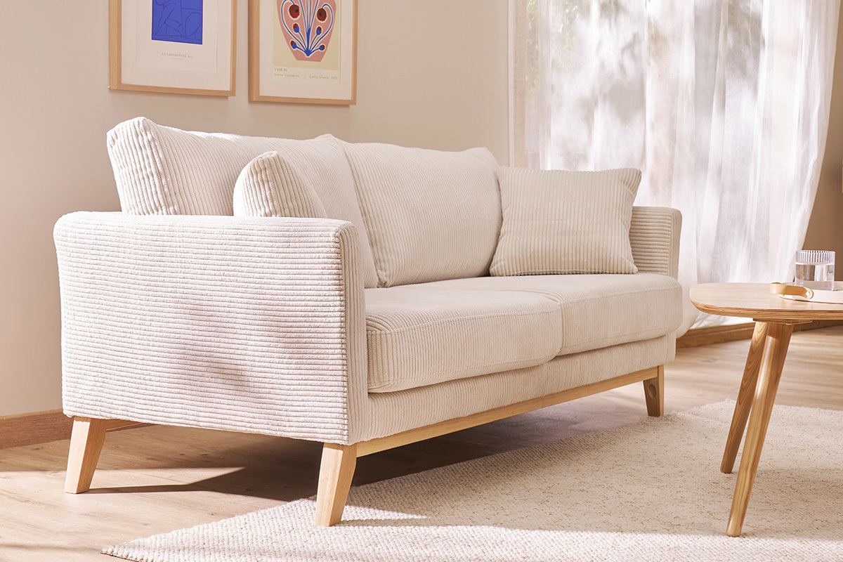 Canap� scandinave d�houssable 3 places en tissu velours c�tel� beige et bois clair OSLO