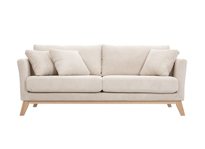 Canap&eacute; scandinave d&eacute;houssable 3 places en tissu velours c&ocirc;tel&eacute; beige et bois clair OSLO