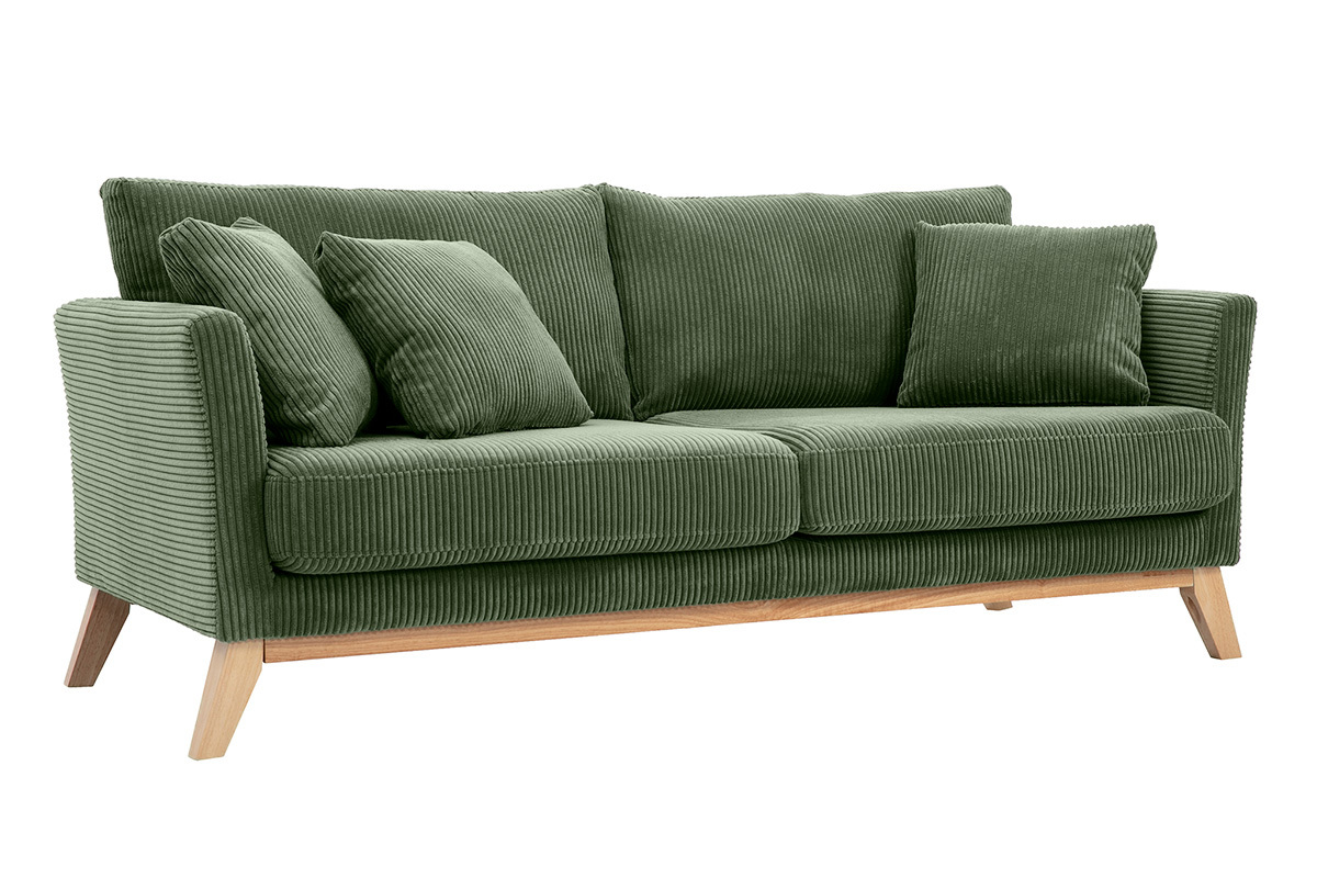 Canap� scandinave d�houssable 3 places en tissu velours c�tel� vert kaki et bois clair OSLO