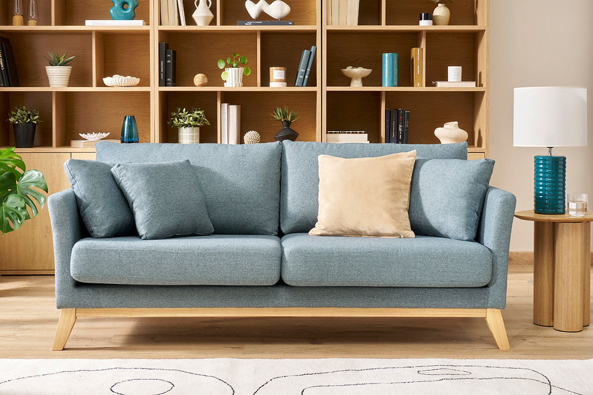 Canap� scandinave d�houssable 3 places en tissu vert de gris et bois clair OSLO