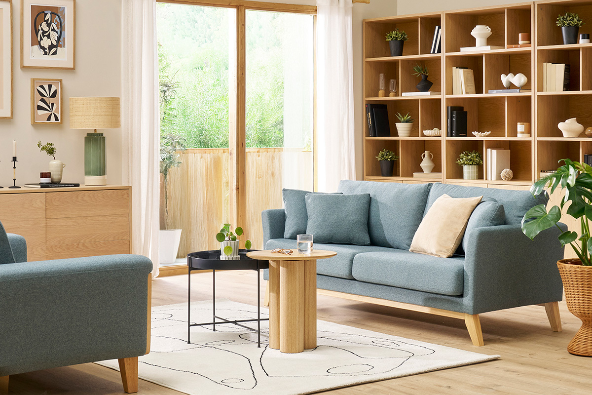 Canap� scandinave d�houssable 3 places en tissu vert de gris et bois clair OSLO