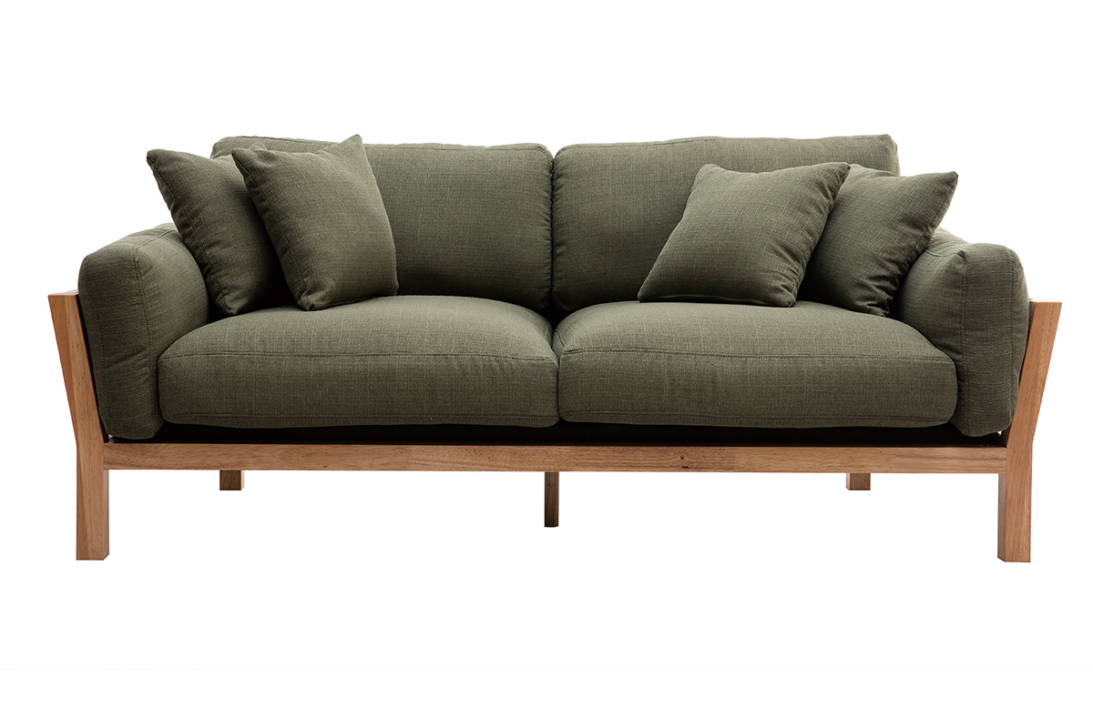 Canap� scandinave d�houssable 3 places en tissu vert kaki et bois clair KYO