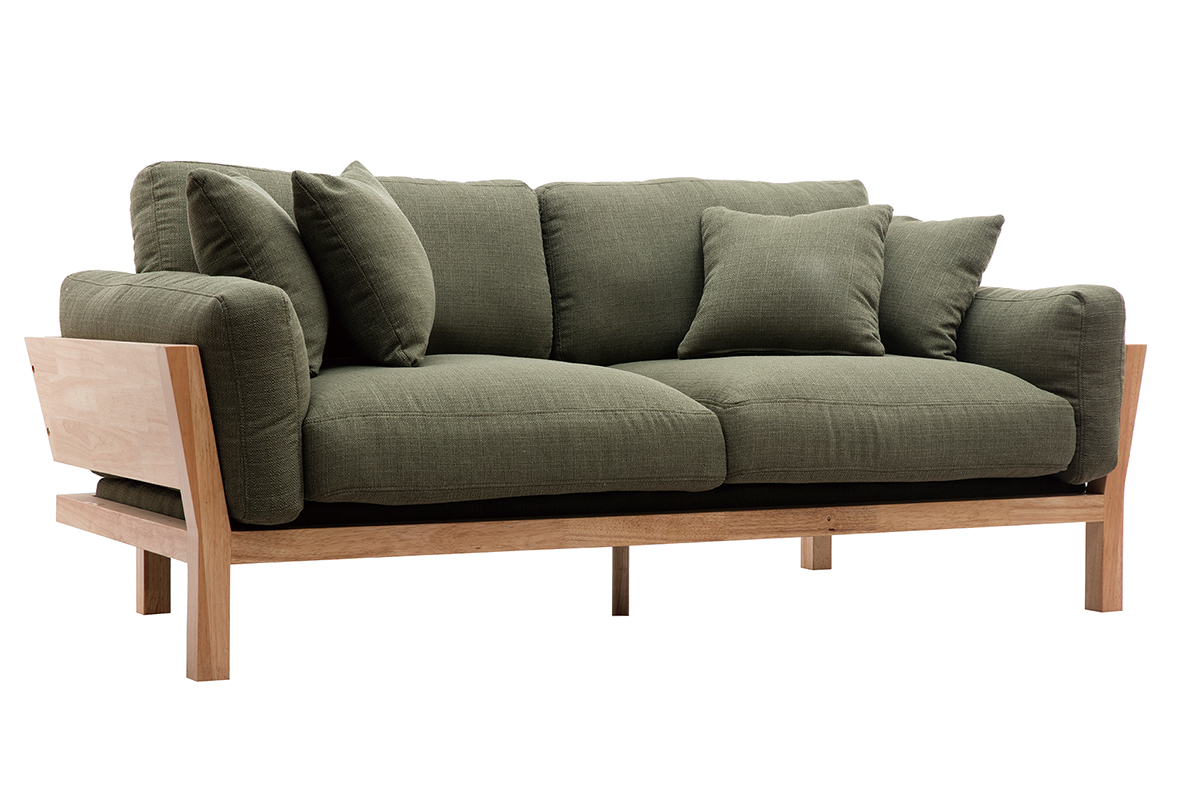 Canap� scandinave d�houssable 3 places en tissu vert kaki et bois clair KYO