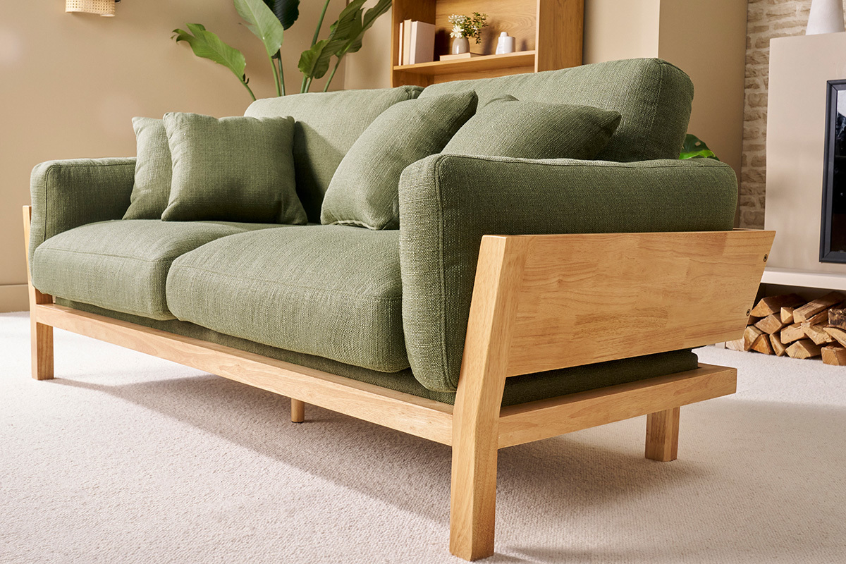 Canap� scandinave d�houssable 3 places en tissu vert kaki et bois clair KYO