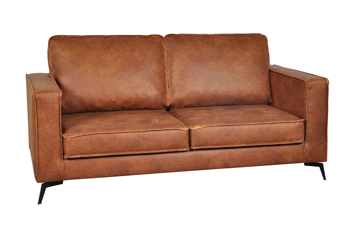 Canap� vintage 2-3 places cuir marron cognac aspect vieilli et m�tal noir SONNY