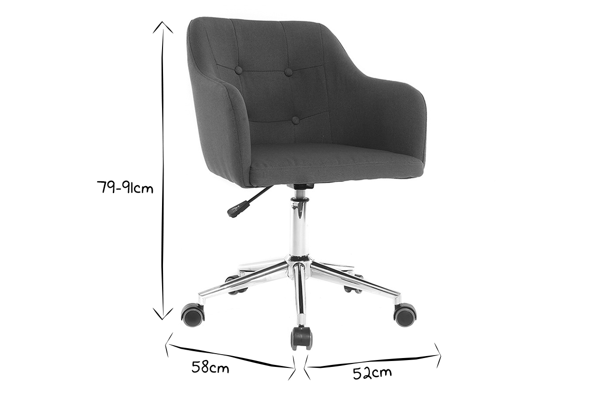 Chaise de bureau � roulettes capitonn�e en tissu bleu canard et acier chrom� BALTIK