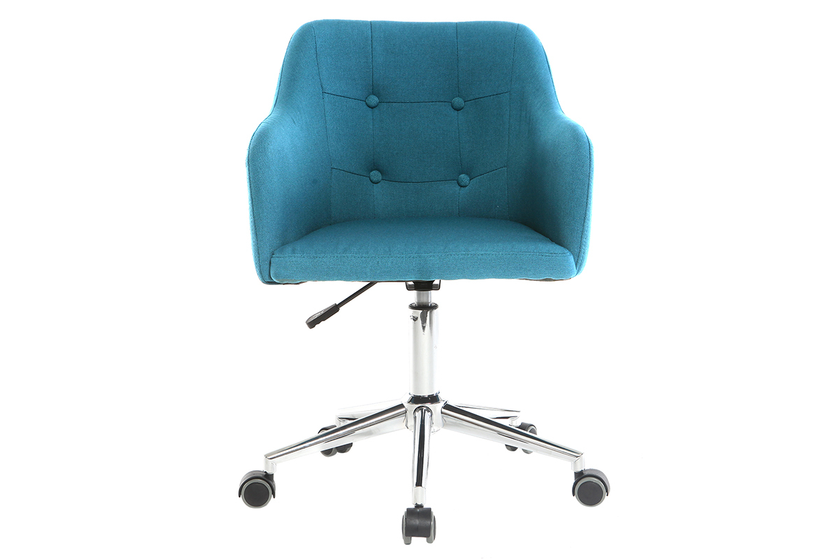 Chaise de bureau � roulettes capitonn�e en tissu bleu canard et acier chrom� BALTIK