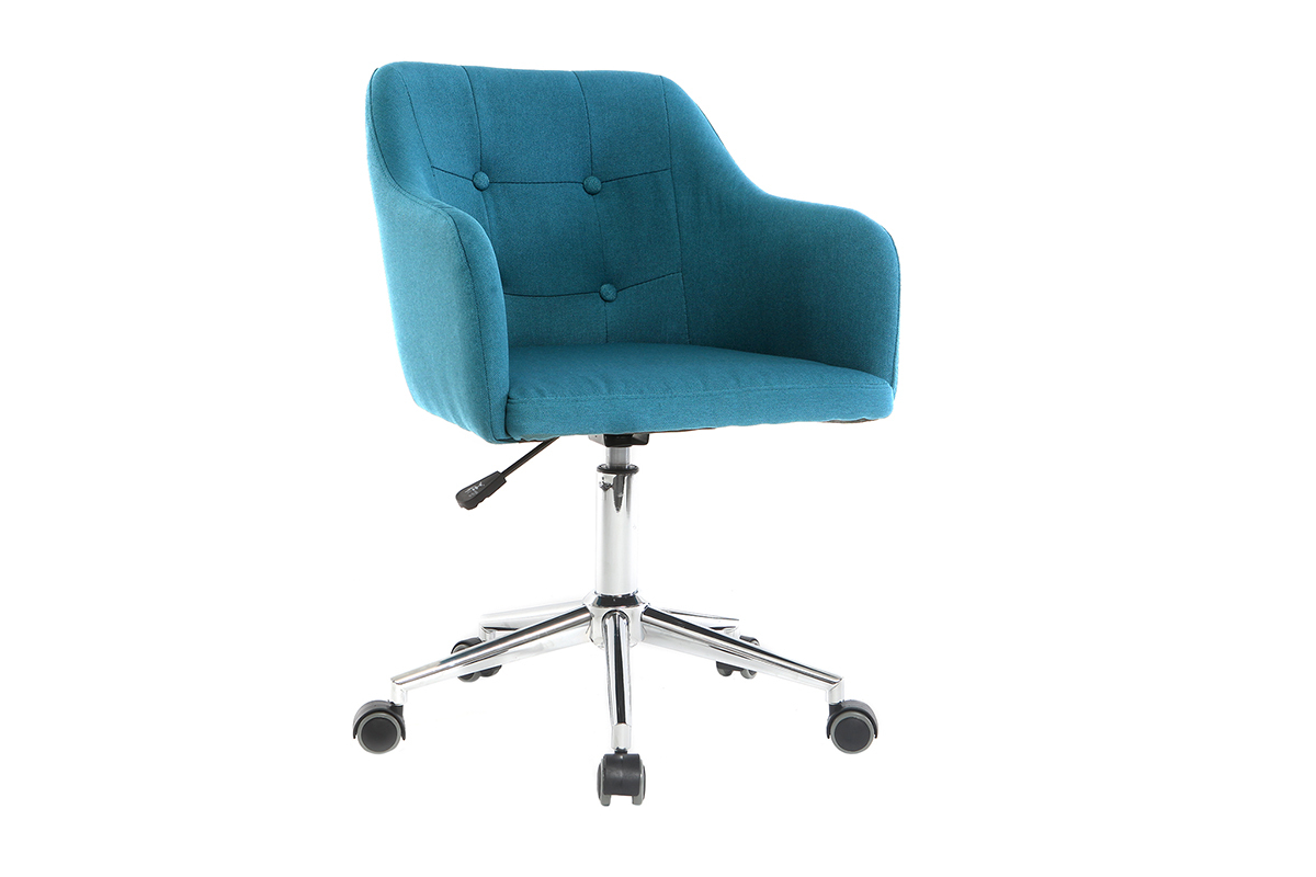 Chaise de bureau � roulettes capitonn�e en tissu bleu canard et acier chrom� BALTIK