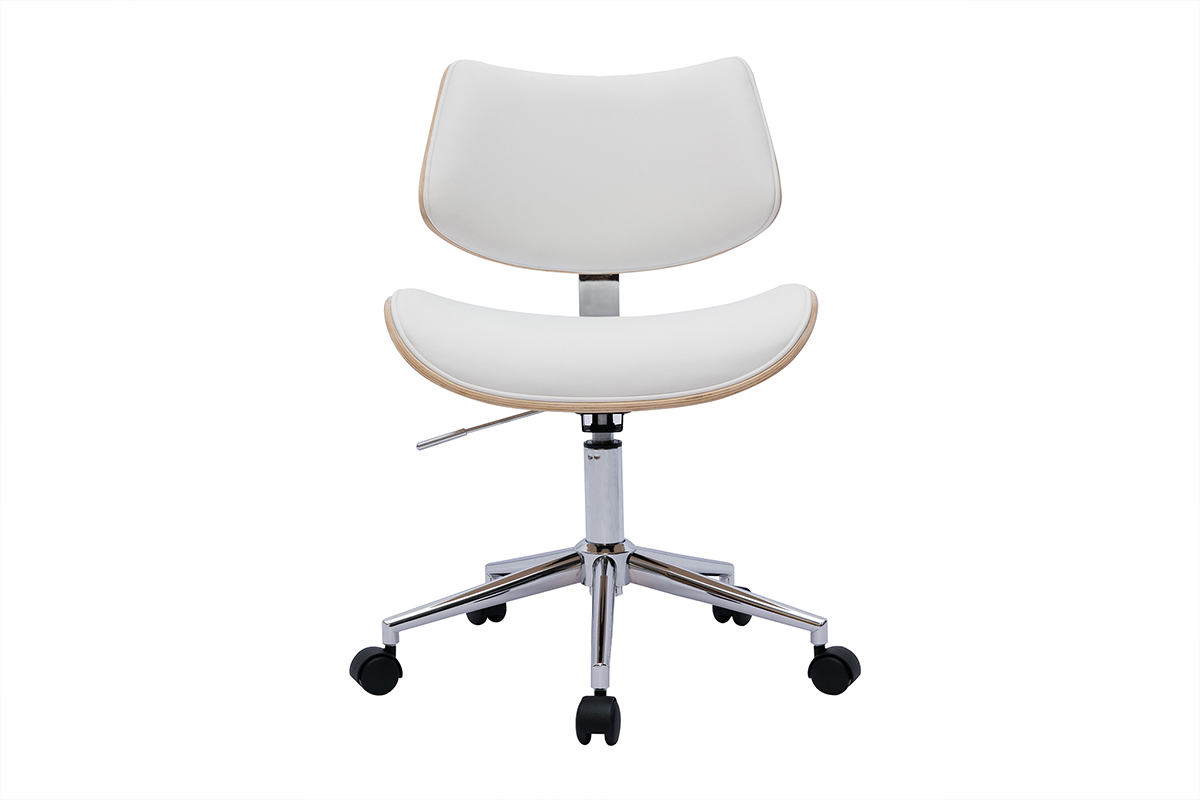 Chaise de bureau � roulettes design blanc, bois clair ch�ne et m�tal MALMO