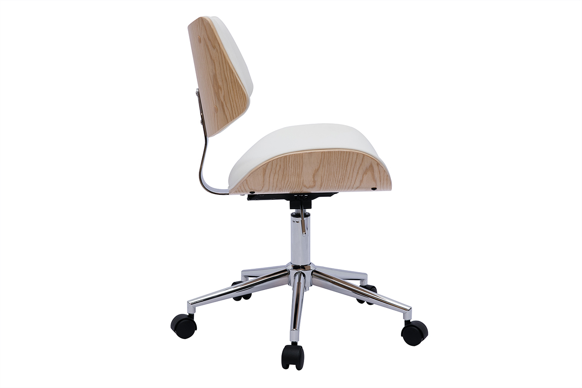 Chaise de bureau � roulettes design blanc, bois clair ch�ne et m�tal MALMO