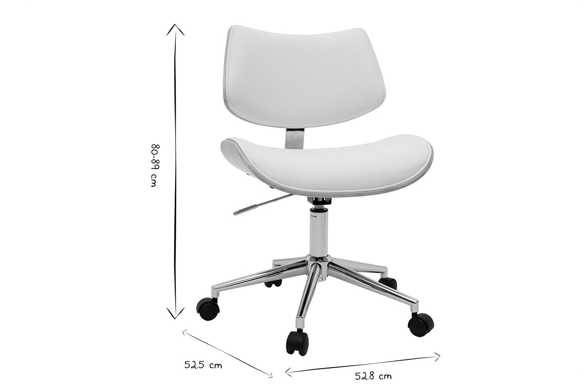 Chaise de bureau � roulettes design blanc, bois clair ch�ne et m�tal MALMO