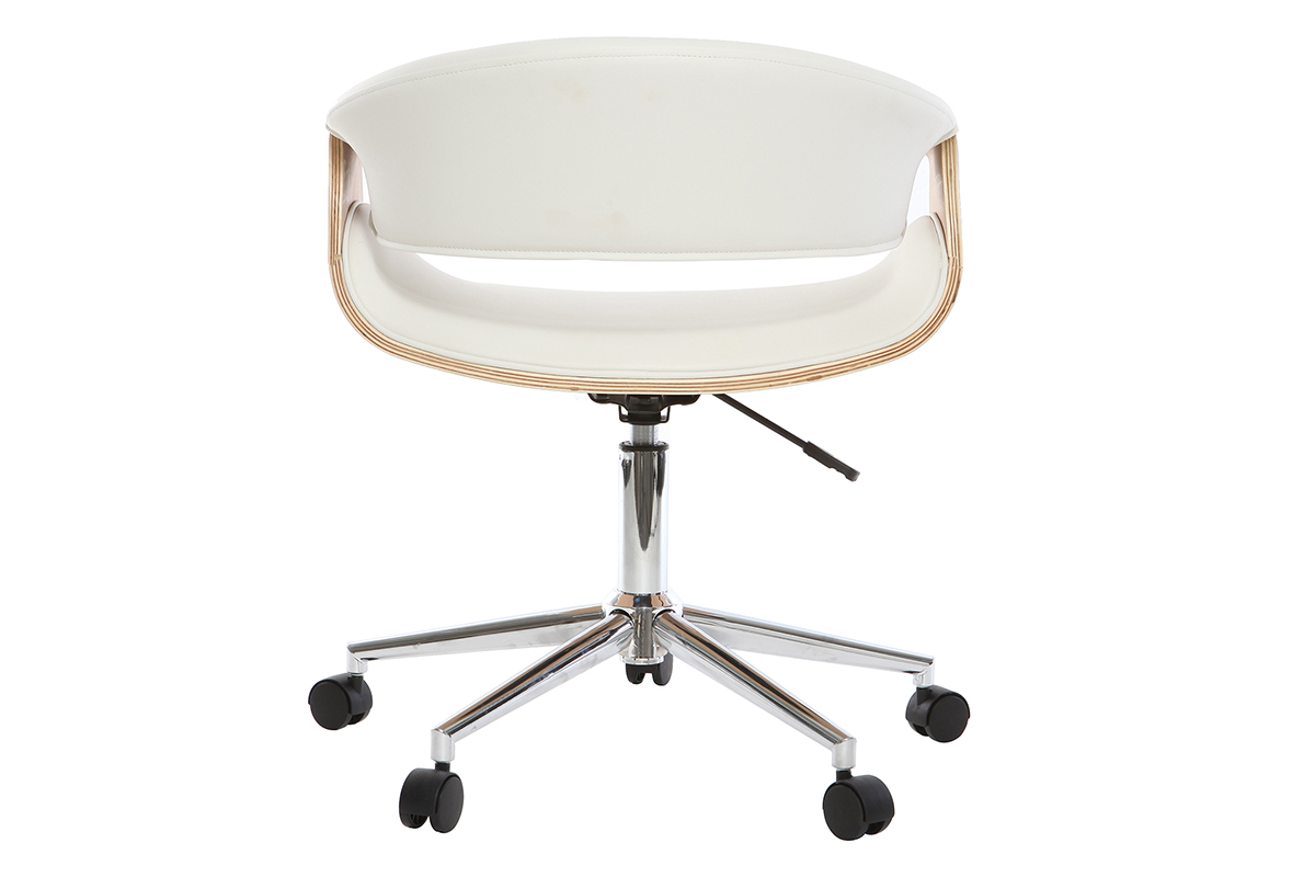 Chaise de bureau ARAMIS de dos, blanc, bois clair, acier chrom�, roulettes.