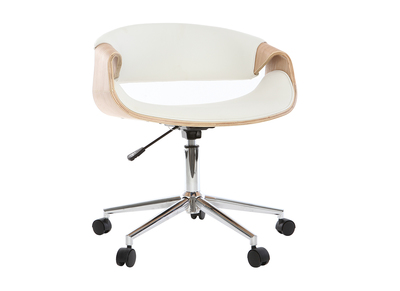 Chaise de bureau &agrave; roulettes design blanc, bois clair et acier chrom&eacute; ARAMIS