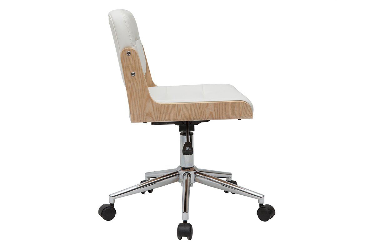 Chaise de bureau � roulettes design blanc, bois clair et acier chrom� ARAMON