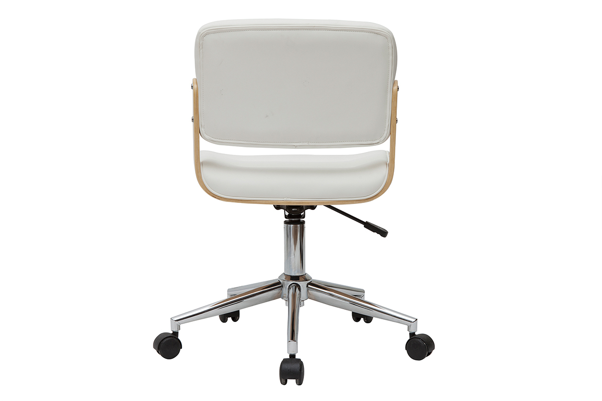 Chaise de bureau � roulettes design blanc, bois clair et acier chrom� ARAMON