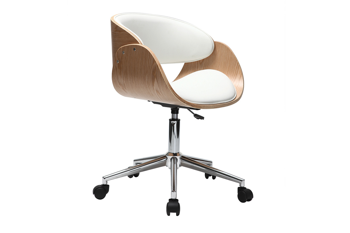 Chaise de bureau � roulettes design blanc, bois clair et acier chrom� BENT