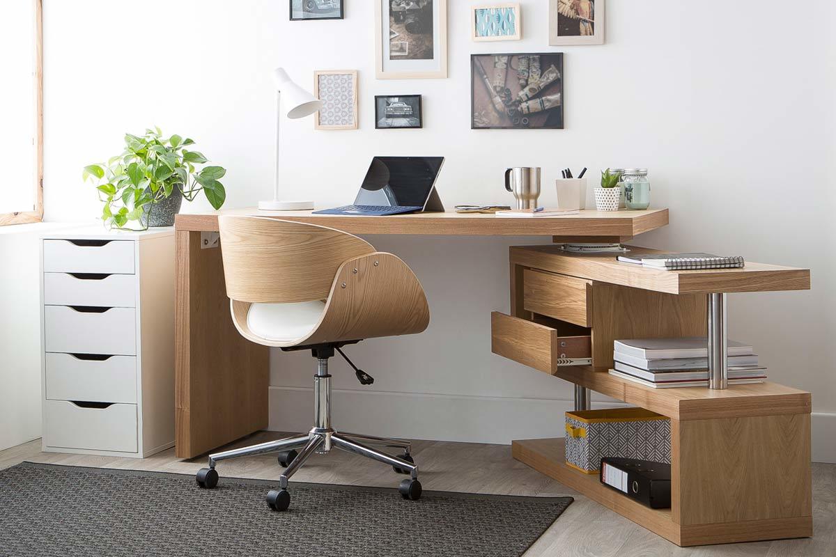 Chaise de bureau � roulettes design blanc, bois clair et acier chrom� BENT