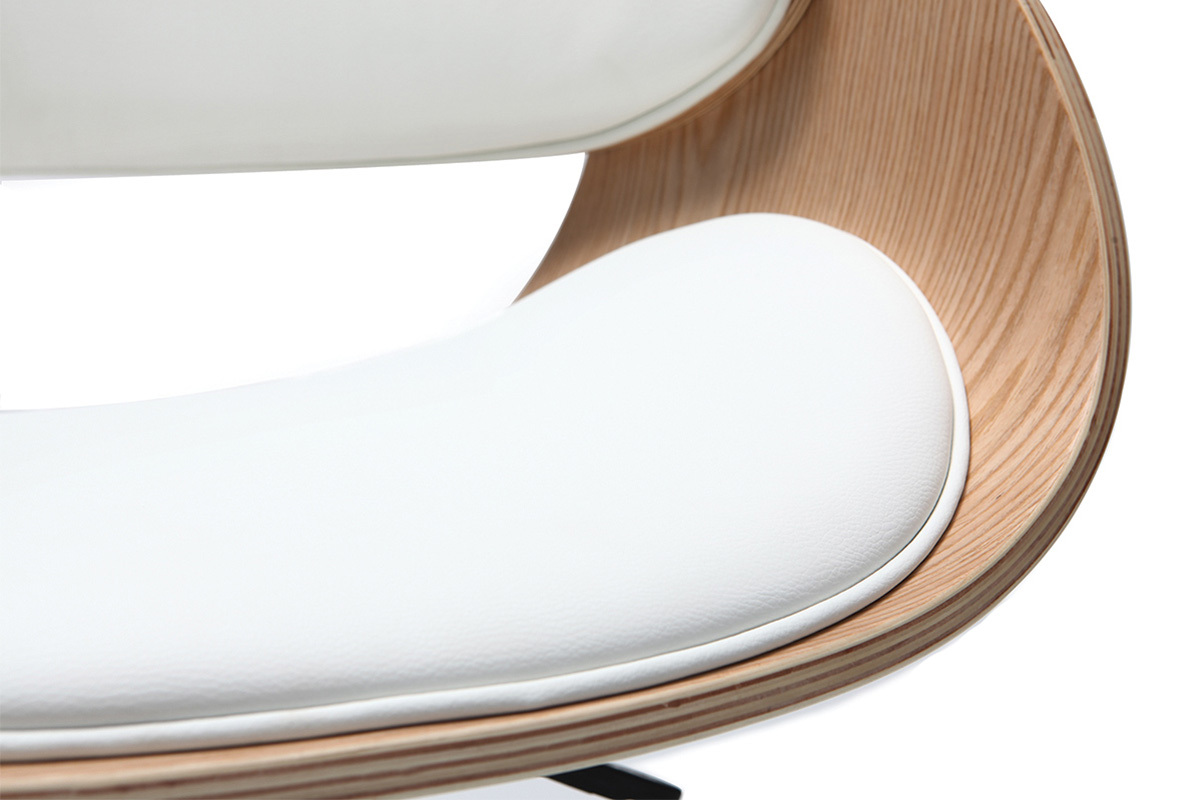 Chaise de bureau � roulettes design blanc, bois clair et acier chrom� BENT