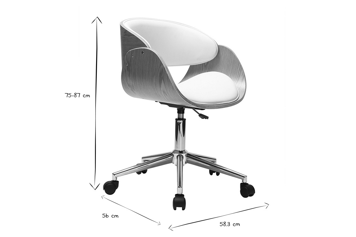 Chaise de bureau � roulettes design blanc, bois clair et acier chrom� BENT