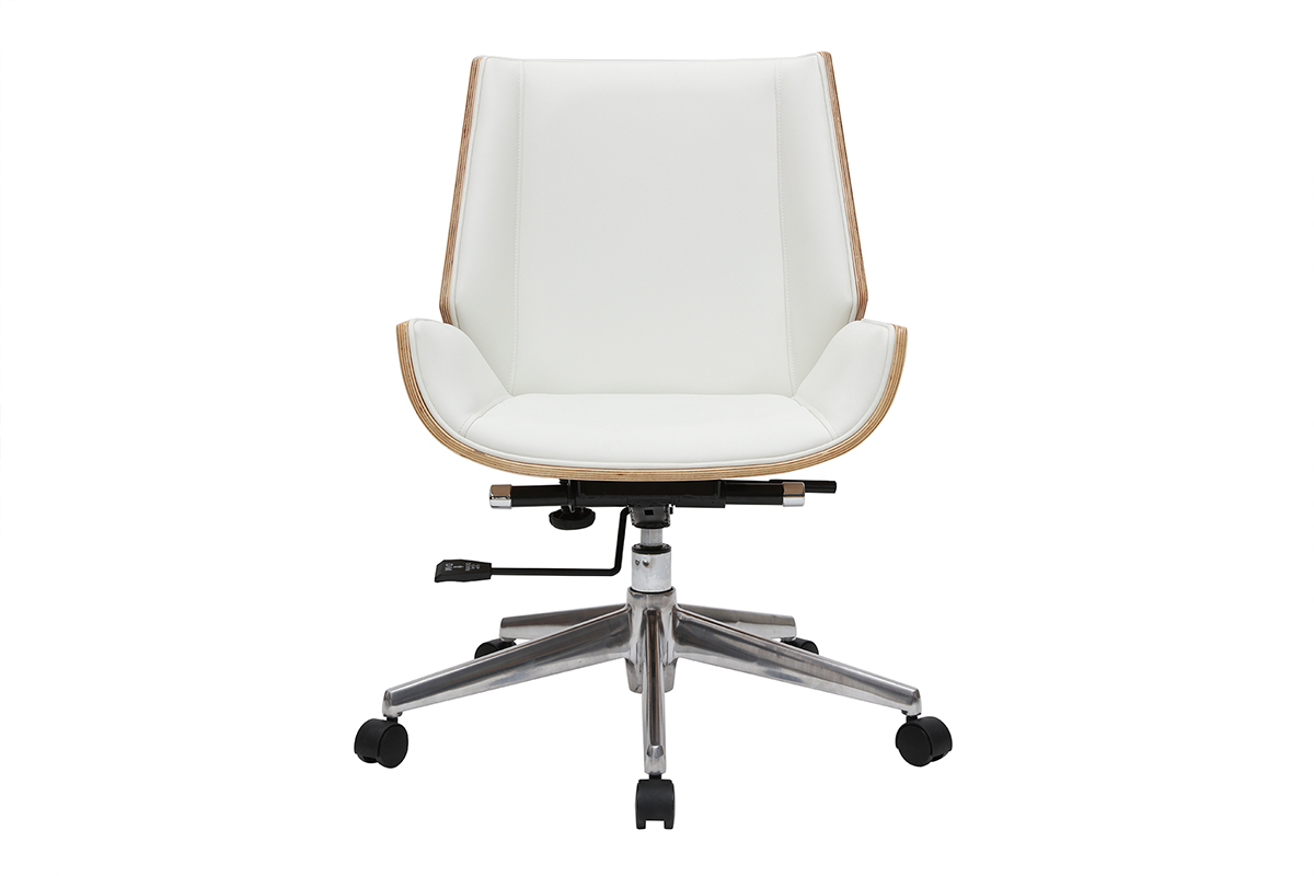 Chaise de bureau � roulettes design blanc, bois clair et acier chrom� CURVED