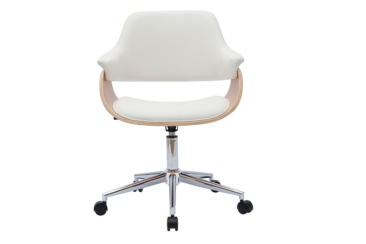 Chaise de bureau � roulettes design blanc, bois clair et acier chrom� HANSEN